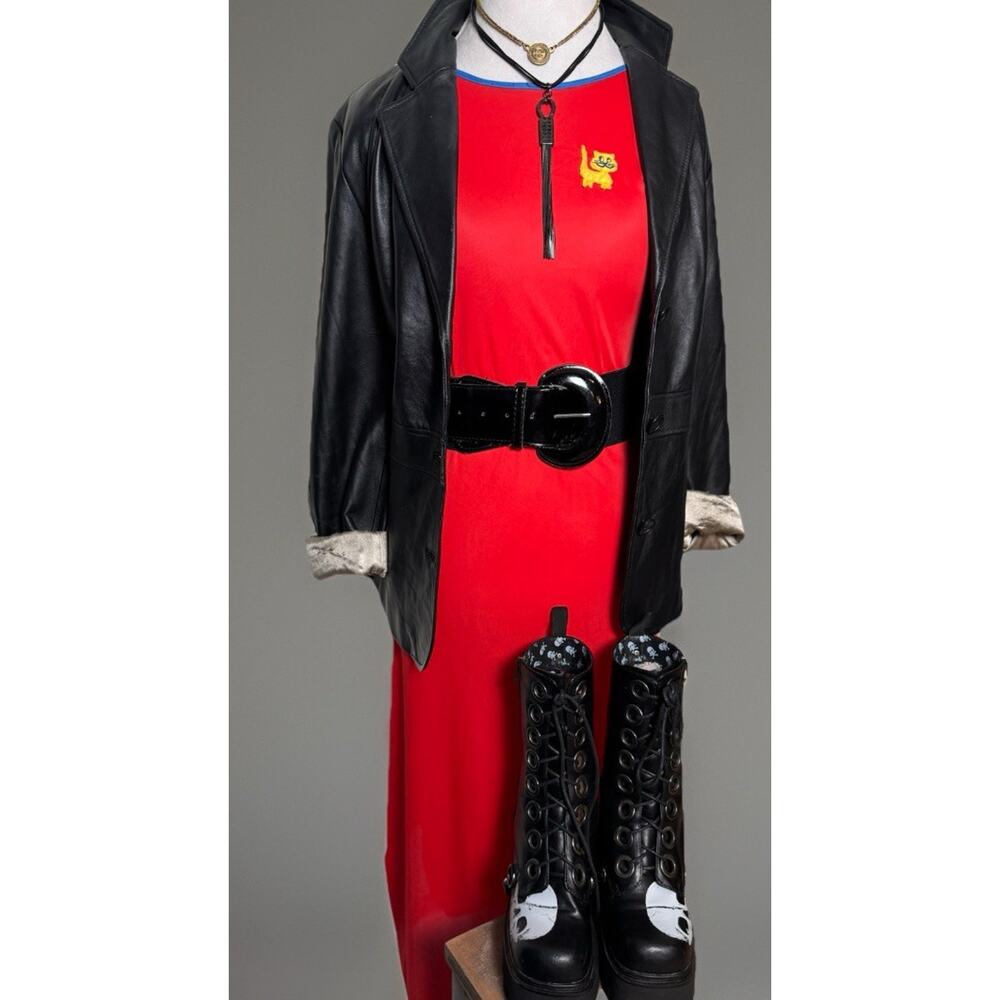 Vintage Upcycled Red Slip Dress w/ Embroidered Cat - Indie Sleaze Dress - Grunge